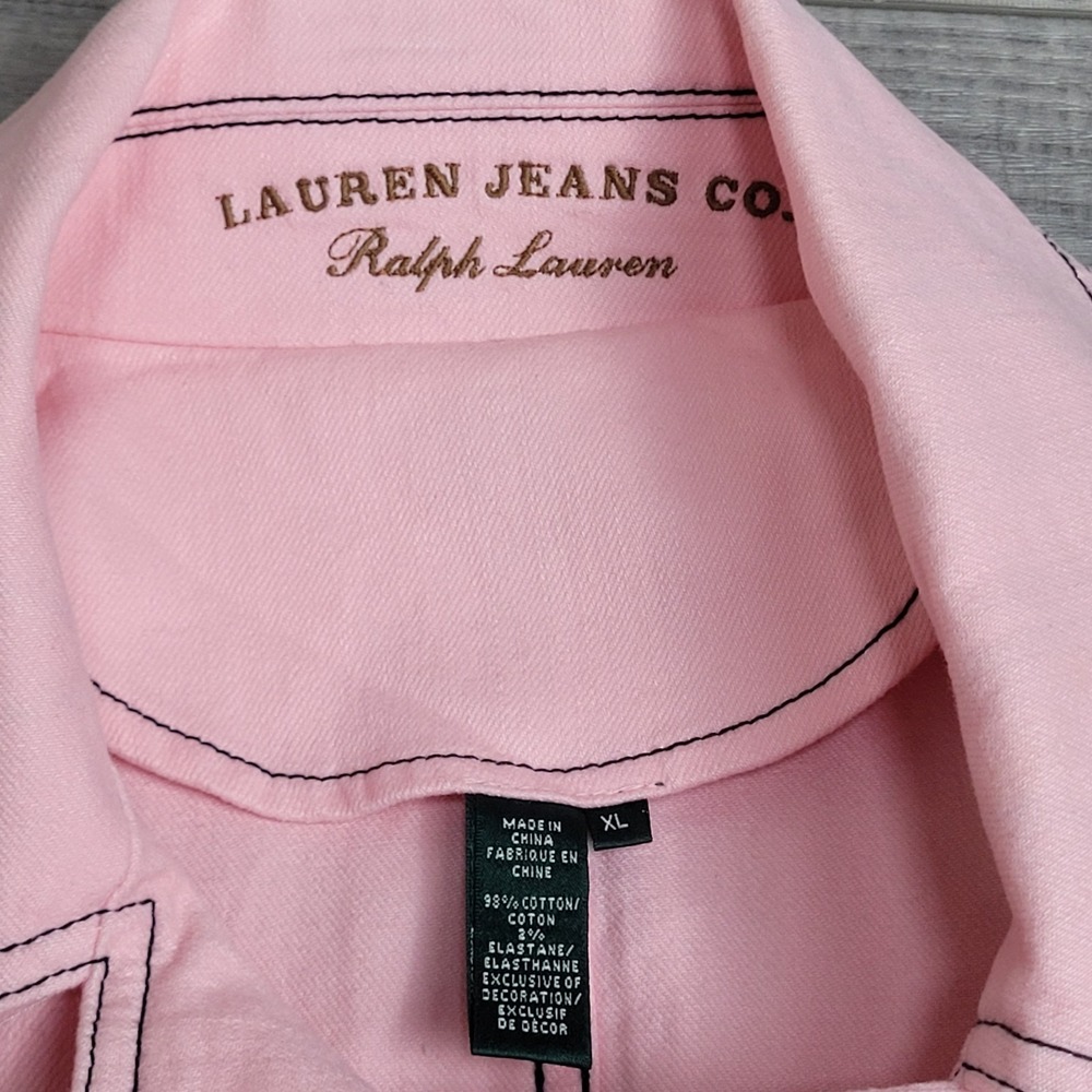 🌸NWT Lauren Jeans Co. Jacket Womens XL Peony Pink Denim Double Breasted Belted - Picture 6 of 16